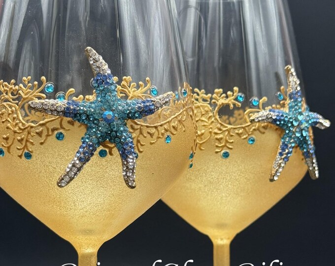 Hand Painted Blue starfish Wine Glasses