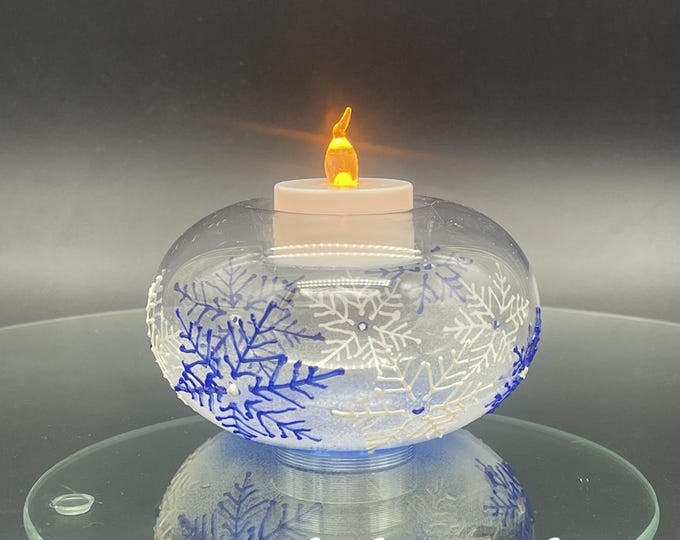 Hand painted White and blue Snowflakes Candle holder