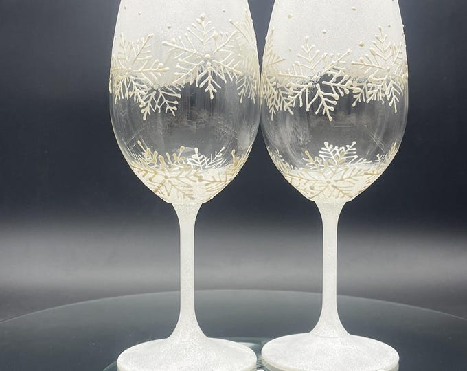 Hand Painted White Snowflake Wine Glasses