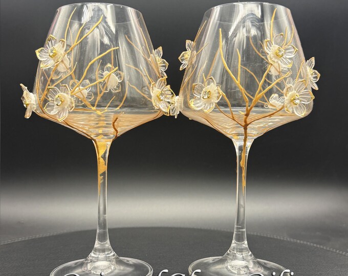 Sakura set of 2 Hand Painted wine glasses Cherry blossom