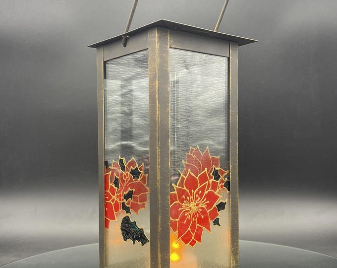 Christmas hand painted Lantern candle holder Christmas winter poinsettia