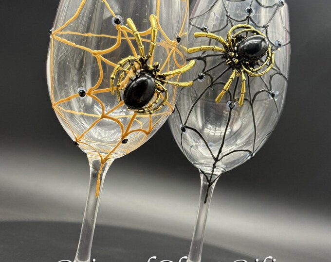 Black gold spider Halloween wine glasses