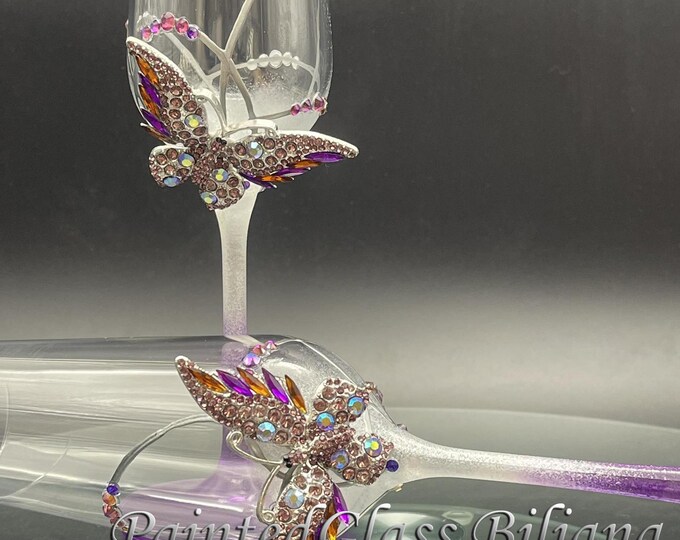 Purple butterfly pained champagne flutes