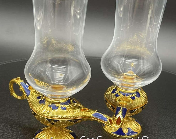 Aladdin magic lamp wedding champagne flutes, gold & blue color, fairytale wedding glasses