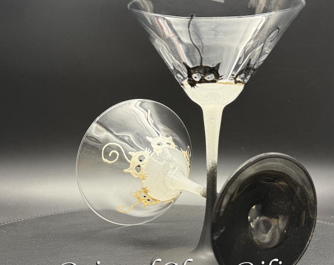 Black white cats martini glasses