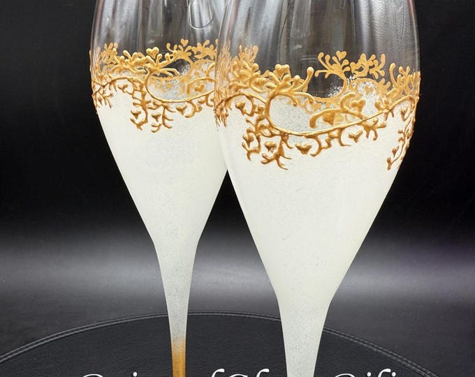 Sakura set of 2 Hand Painted champagne flutes Gatsby style in white and gold