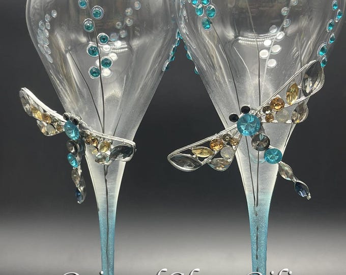 Set of 2 Hand Painted champagne wine glasses Crystal dragonflies