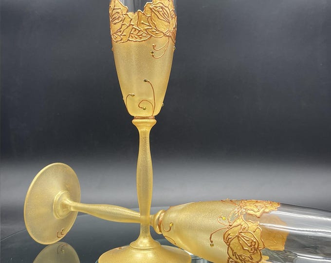 Set of 2 hand painted champagne flutes Golden roses with crystals