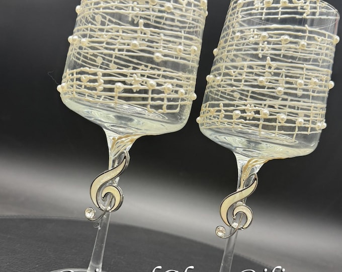 Music Set of 2 hand painted wine glasses in pearly white color