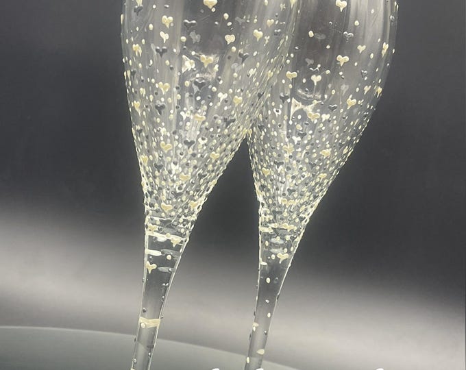 Hand Painted Champagne Glasses: Pearly White & silver Hearts, Set of 2
