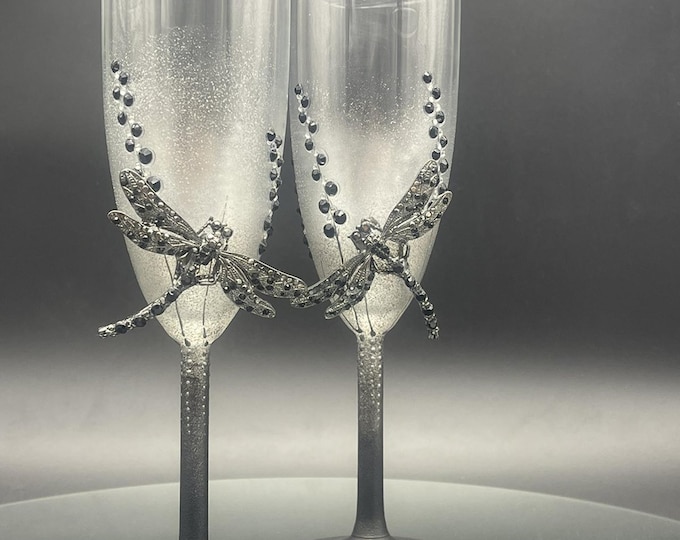 Black dragonflies hand painted wedding champagne glasses, Set of 2