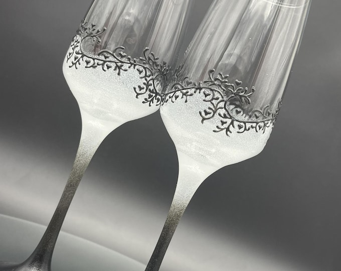 Sakura set of 2 Hand Painted champagne flutes Gatsby style in black and white