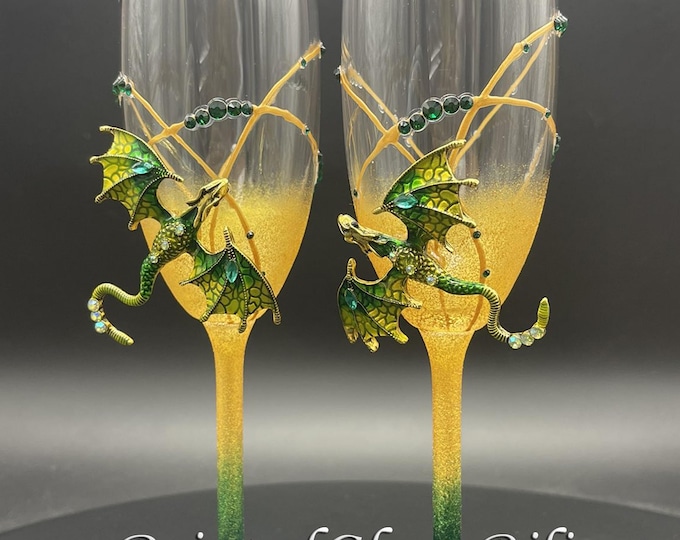 Hand painted Green gold dragon wedding flutes