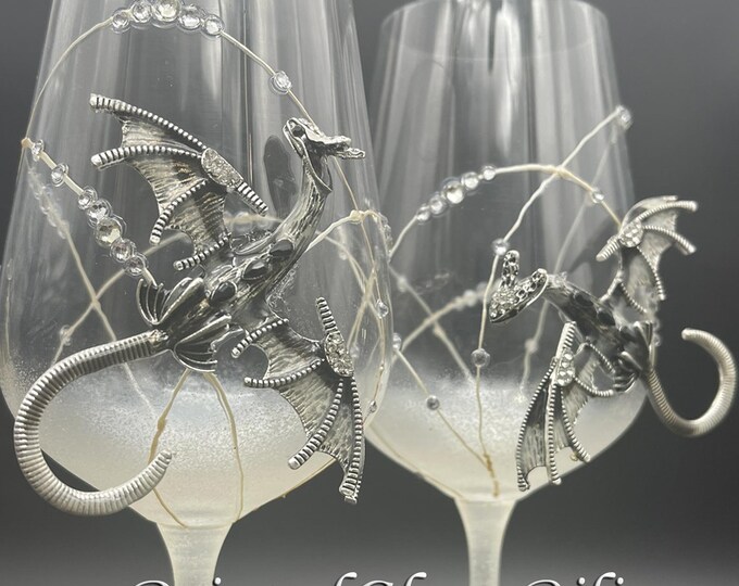 Hand painted Silver& black dragon wine glasses