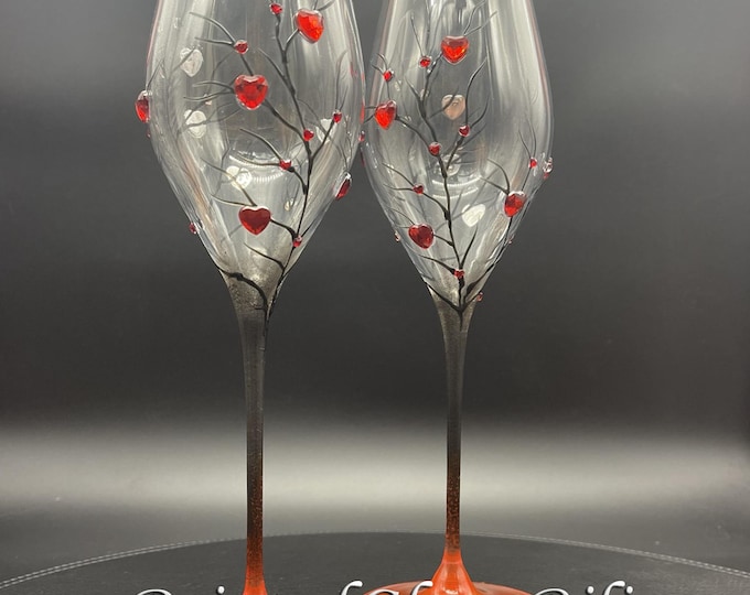 CRYSTAL SET of 2 hand painted wedding champagne flutes Tree of love