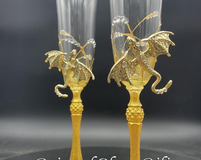 Hand painted Gold dragon champagne flutes