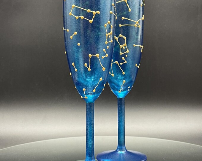 Hand Painted Constellation Champagne Flutes: Personalized Wedding Toasting Glasses
