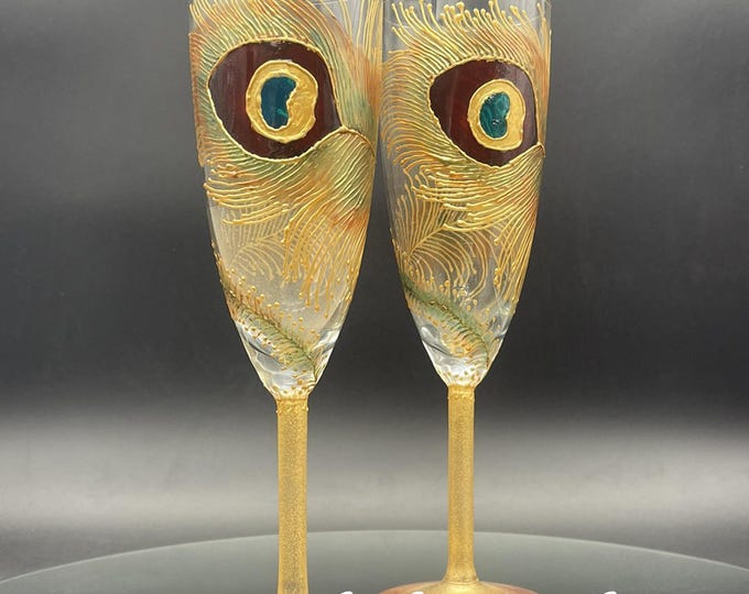 Gold & brown peacock feather champagne flutes, set of 2
