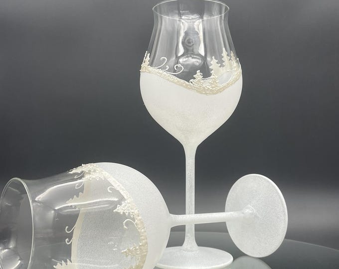Set of 2 hand painted wine glasses Winter Fairy Tale
