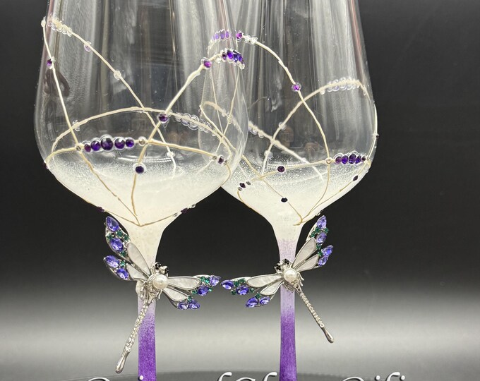 Set of 2 Hand Painted wine glasses Purple dragonflies