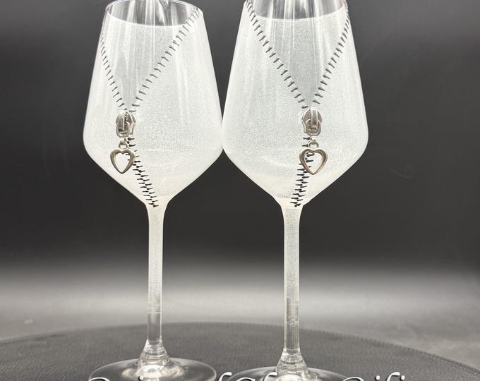 Zipper heart wine glasses, Hand Painted