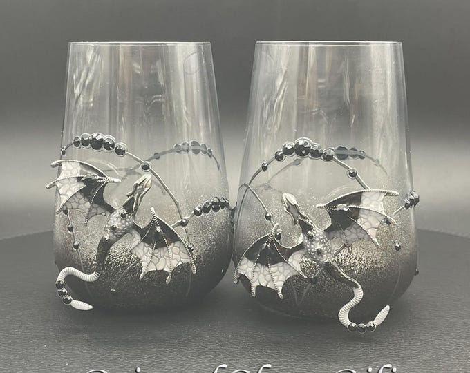 Hand painted Black dragon stemless wine glasses