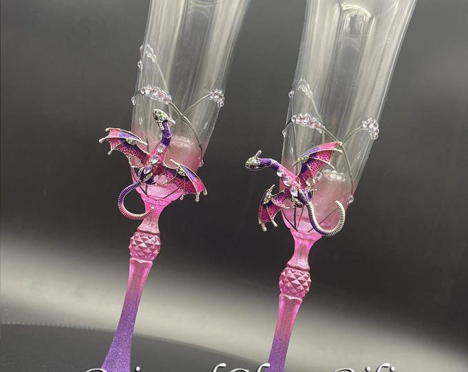 Hand painted Purple magenta dragon wedding flutes