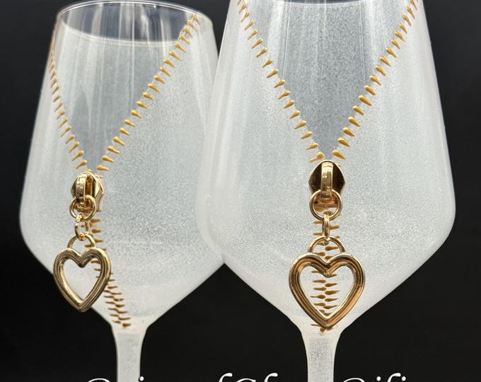 Zipper heart wine glasses, Hand Painted