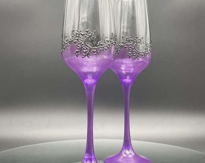 Hand Painted Gatsby style champagne flutes in purple and black, Set of 2