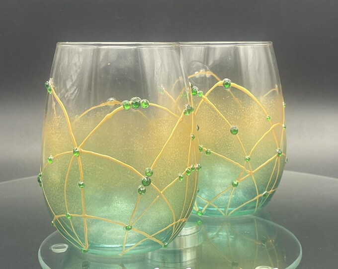 Emerald green & gold pained stemless wine glasses