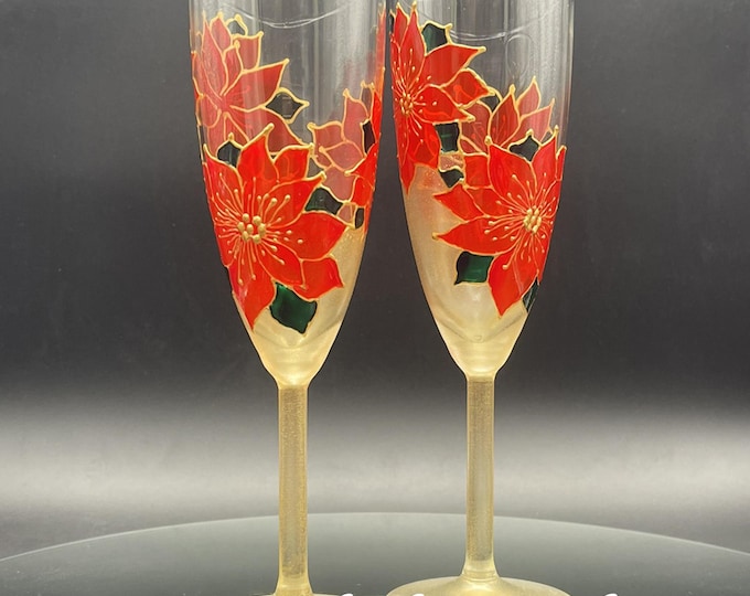 Set of 2 Hand Painted Christmas unique champagne glasses Winter Poinsettia theme