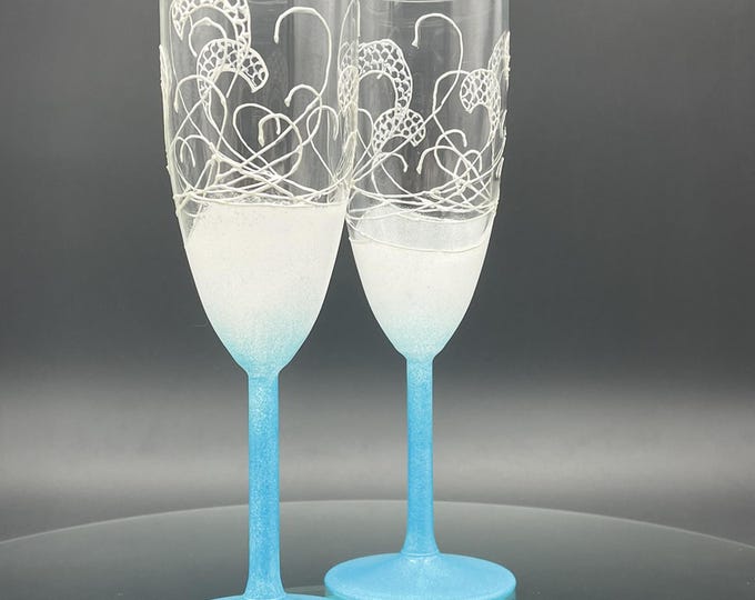 Something blue Wedding Glasses Champagne Flutes Set of 2 Beach Sea waves wedding theme