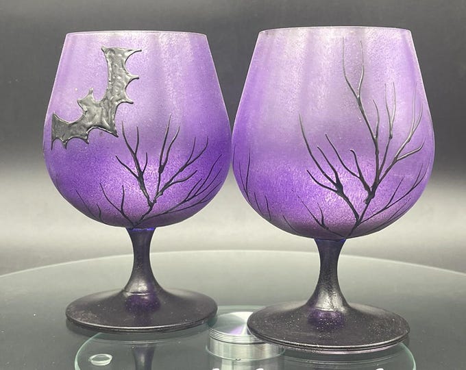 Hand Painted Halloween brandy whiskey glasses: Black and purple Bats, Set of 2
