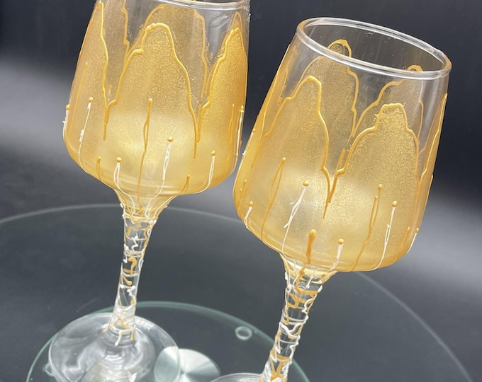 Set of 2 Hand Painted wine  glasses Golden tulip