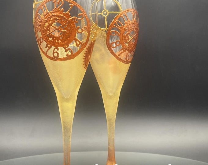 Hand Painted Champagne Glasses: steampunk theme , Set of 2