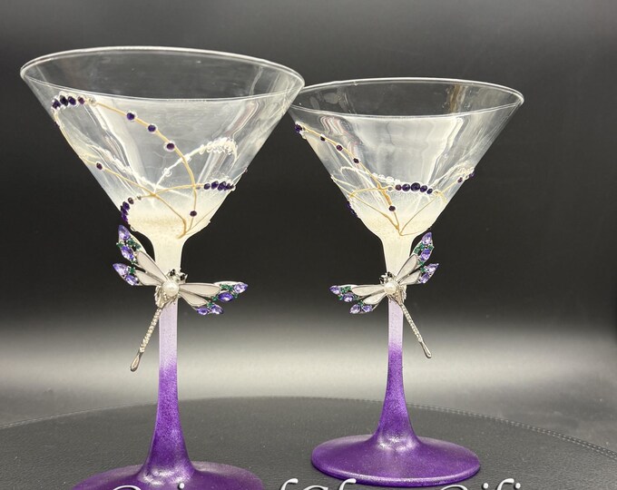 Set of 2 Hand Painted martini glasses Purple dragonflies