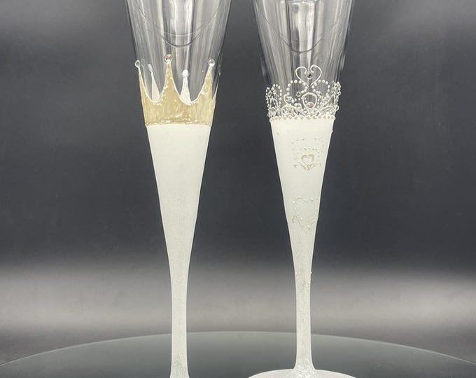 Royal Wedding Champagne Flutes: Hand Painted Crown and Crystals, Set of 2
