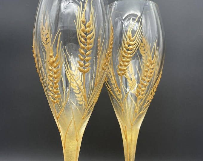 Hand Painted Champagne Glasses: Wheat Rye theme , Set of 2