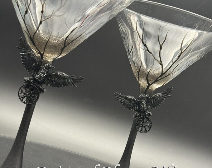 Black raven crow martini glasses