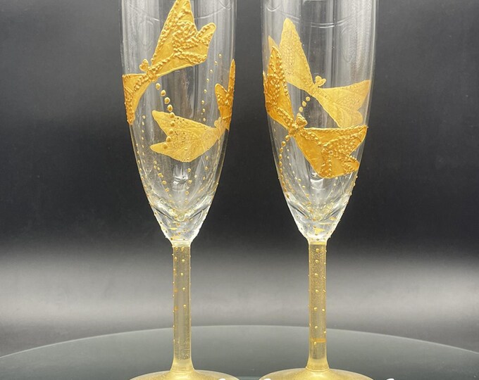 Gold dragonfly pained white wine/ champagne glasses