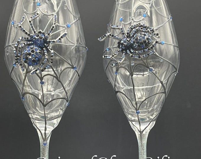 Blue crystal spider Halloween champagne flutes