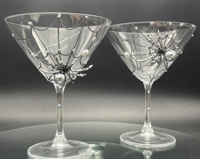 Silver spider martini cocktail glasses, set of 2