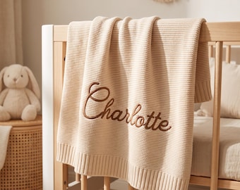 Personalized Hand Embroidered Baby Blanket, Custom Baby Name Cotton Knit Blanket, Newborn Keepsake, Baby Shower Gift