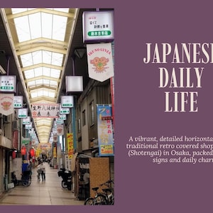 以下が含まれることがあります： 大阪の屋根付き商店街。高いガラス天井、日本語のテキストが書かれた多数の吊り下げ式照明看板、歩行者用通路が特徴です。自転車、歩いている人、通路沿いの様々な店舗の入り口が写っています。