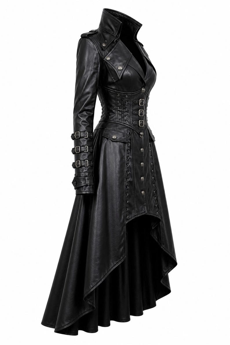 May include: A black long-sleeved coat featuring a high-low hemline, a structured collar, and a fitted bodice with front button closures. The sleeves include three buckled straps, while the waist area displays decorative lacing and metal hardware.