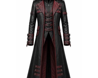 Black Leather Gothic Trench Coat, Burgundy Contrast Panels, Steampunk Vampire Jacket