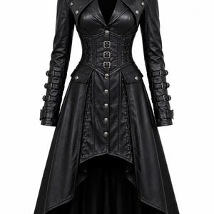 May include: A black long-sleeved coat featuring a high-low hemline, a structured collar, and a front button closure. The garment includes decorative silver-toned metal buckles on the sleeves, corset-style lacing on the bodice, and epaulets.