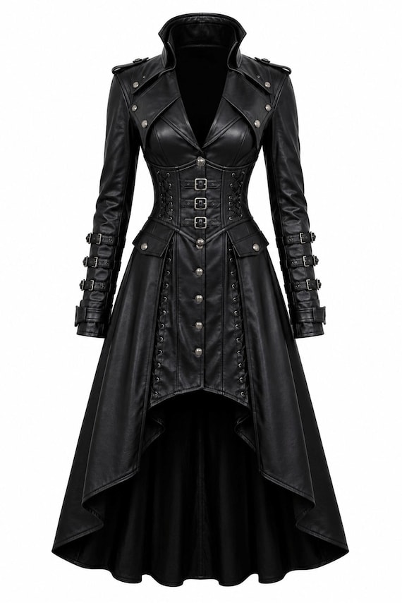 Black Faux Leather Gothic Trench Coat, Victorian Vampire Steampunk Corset Jacket