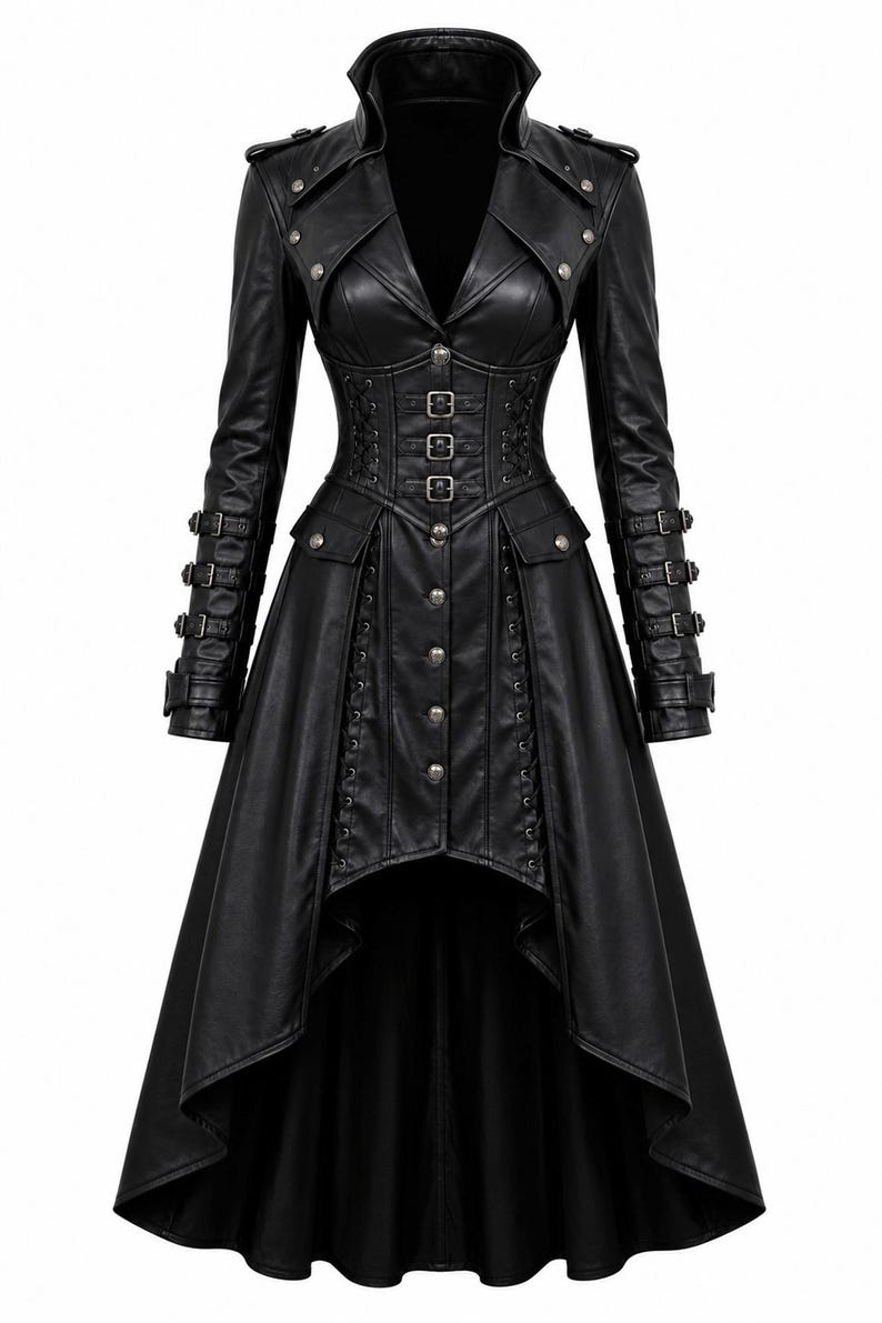 May include: A black long-sleeved coat featuring a high-low hemline, a structured collar, and a front button closure. The garment includes decorative silver-toned metal buckles on the sleeves, corset-style lacing on the bodice, and epaulets.
