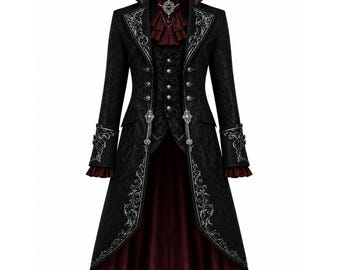 May include: A black long coat featuring intricate silver embroidery along the lapels, cuffs, and hem. The coat includes a dark red ruffled cravat with a central brooch, a matching dark red inner panel, and silver buttons down the front.